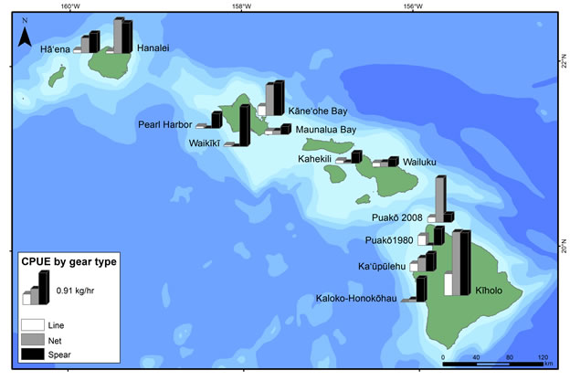 Figure 4. Catch-per-unit-effort (CPUE - kg hr-1) for the three dominant shore-based fishing gears (line, net, and spear) by survey location. 